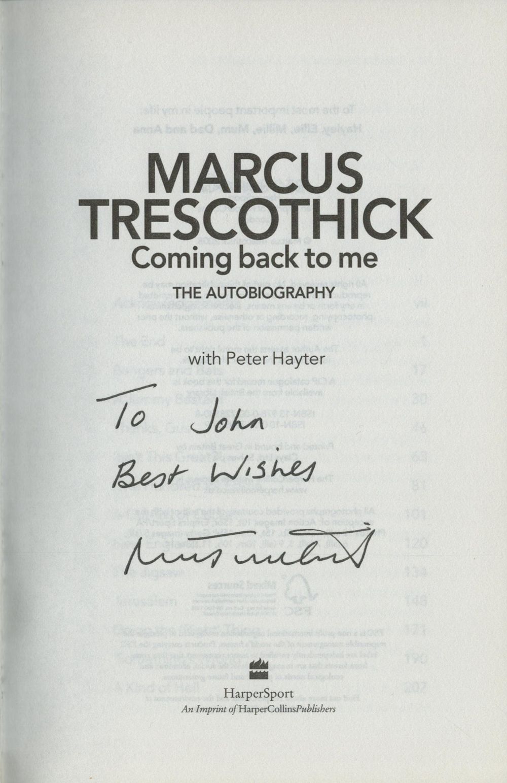 Lot 591: Marcus Trescothick signed hardback book titled Coming Back...