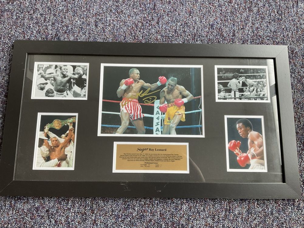 Lot 188: Boxing Sugar Ray Leonard signed 31x17 mounted and...