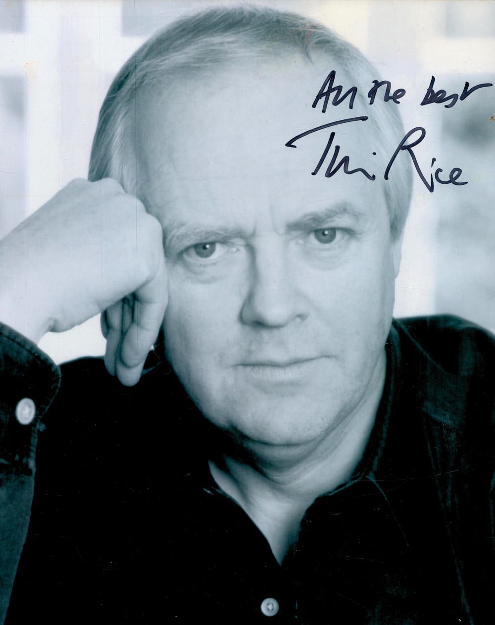 Lot 161: Tim Rice signed 10x8inch black and white photo....