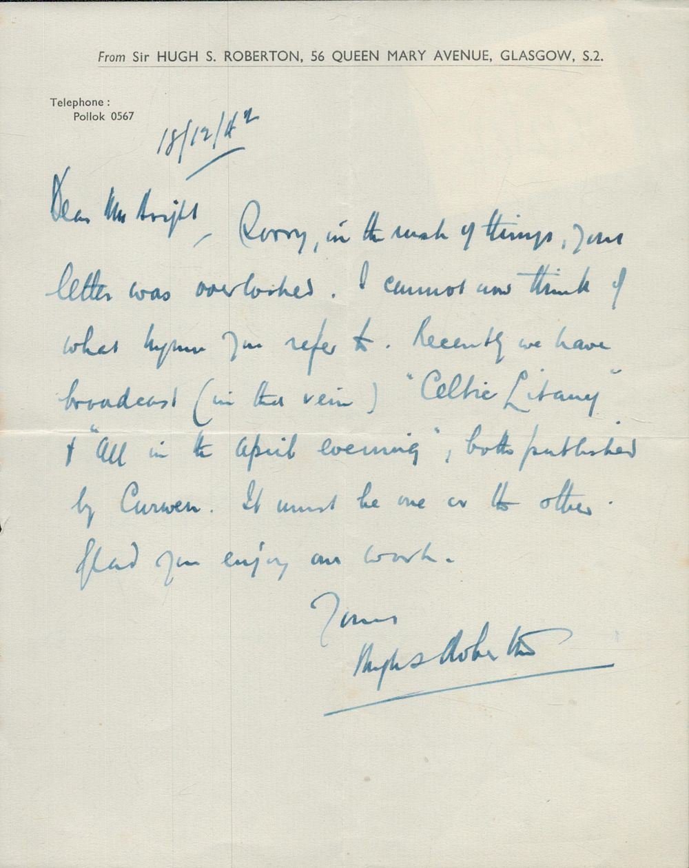Lot 157: Sir Hugh S Robertson A Good Handwritten Signed...