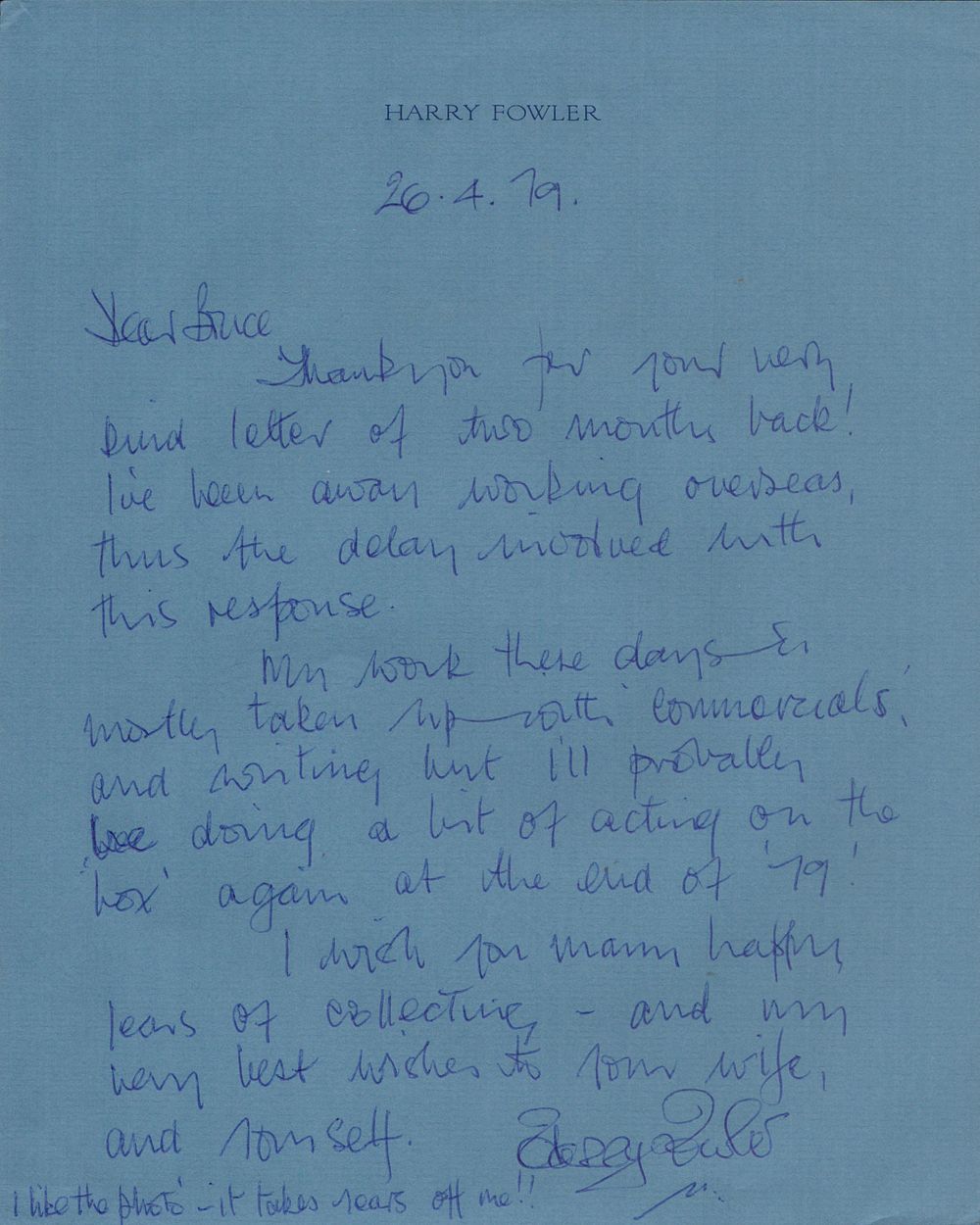 Lot 162: Harry Fowler An Excellent Hand Signed 10 8...