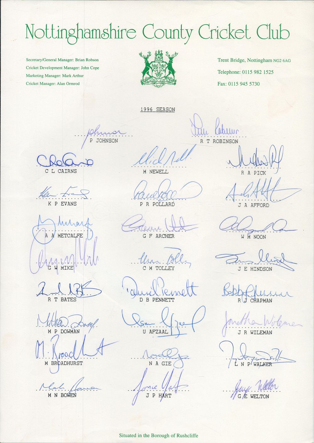 Lot 166: Nottinghamshire County Cricket Team 1996 multi signed team...