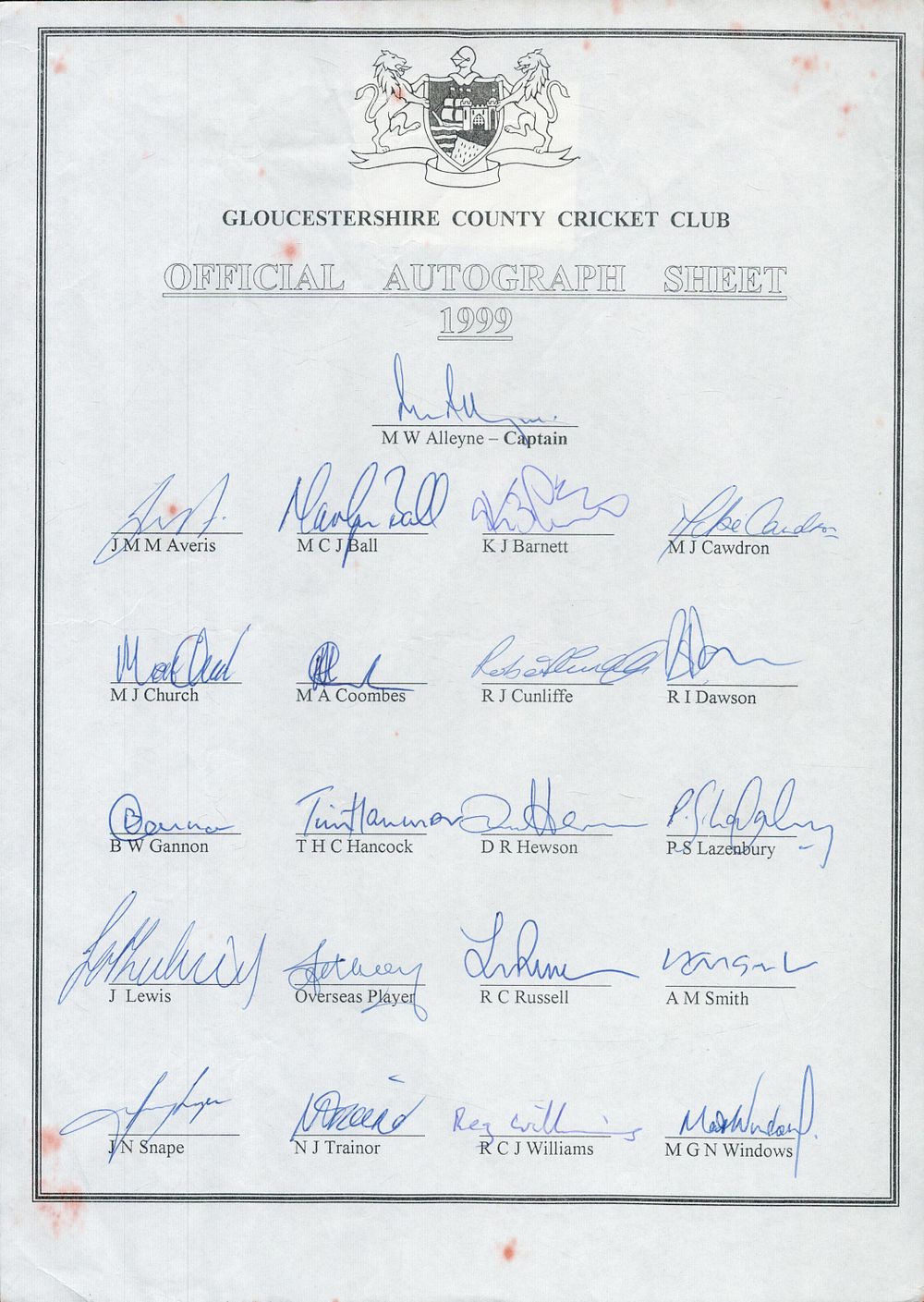Lot 170: Gloucestershire County Cricket Club 1999 multi signed team...