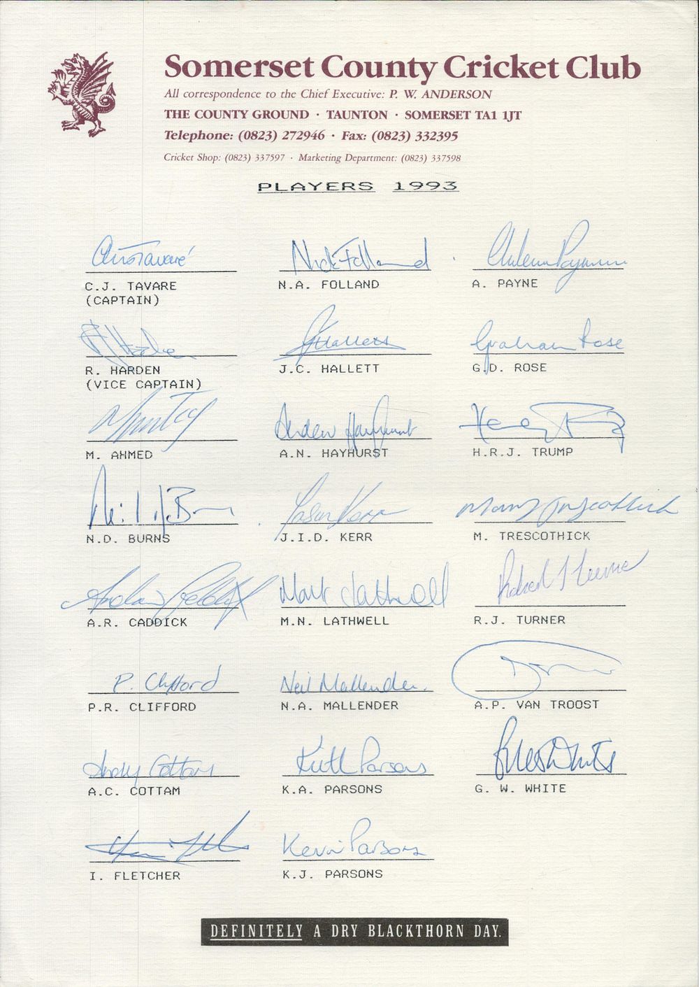 Lot 173: Somerset County Cricket Club 1993 multi signed team...