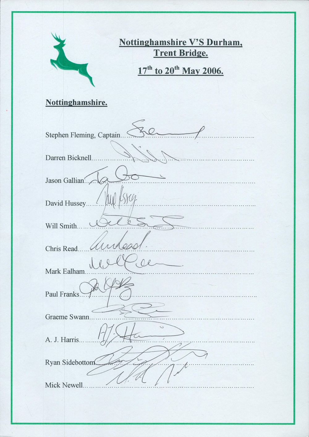 Lot 174: Nottinghamshire v Durham May 2006 multi signed team...