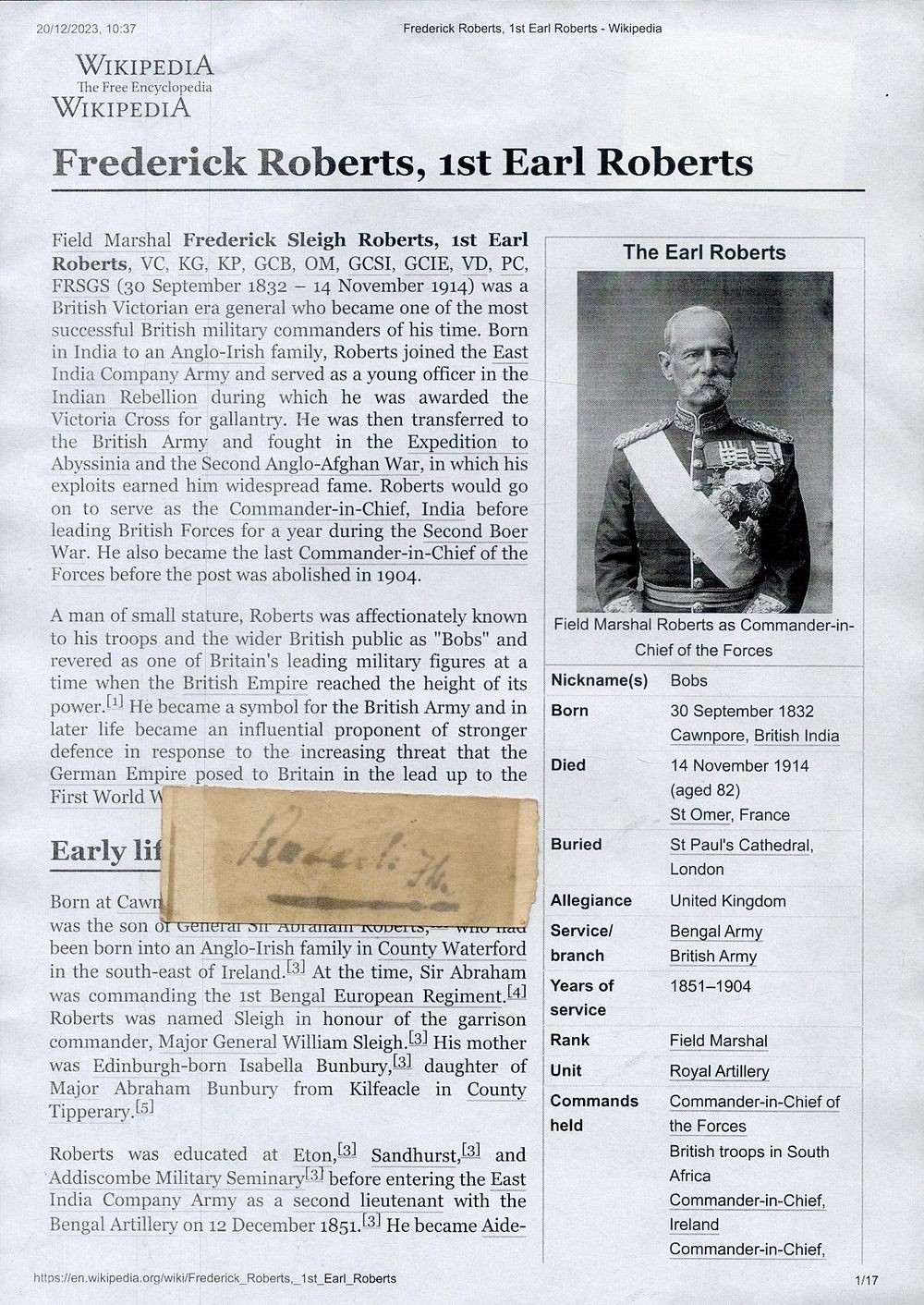 Lot 205: Field Marshal Frederick Sleigh Roberts, 1st Earl Roberts,...