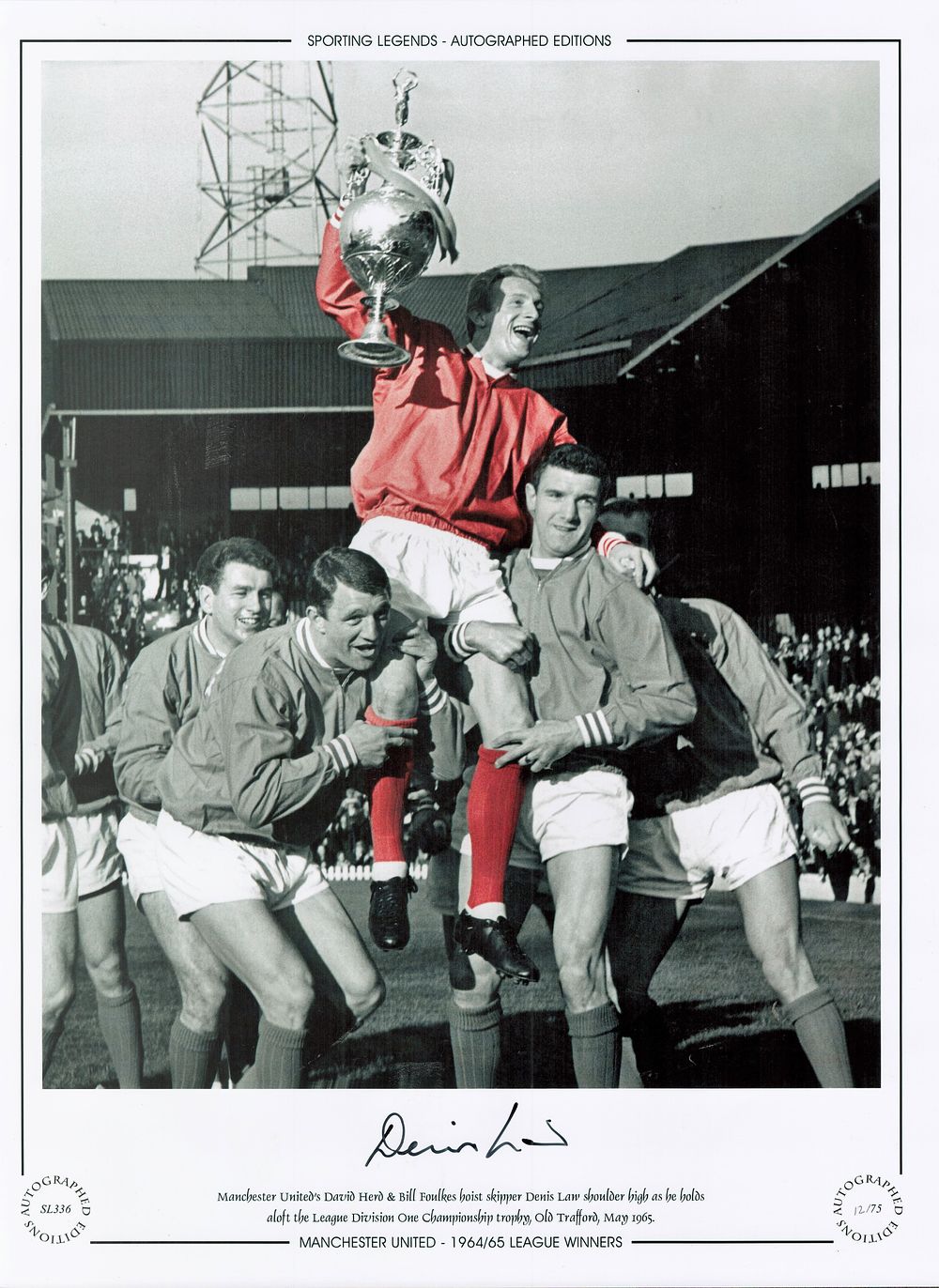 Lot 223: Denis Law 16x12 Manchester United Signed, Colourised photo,...