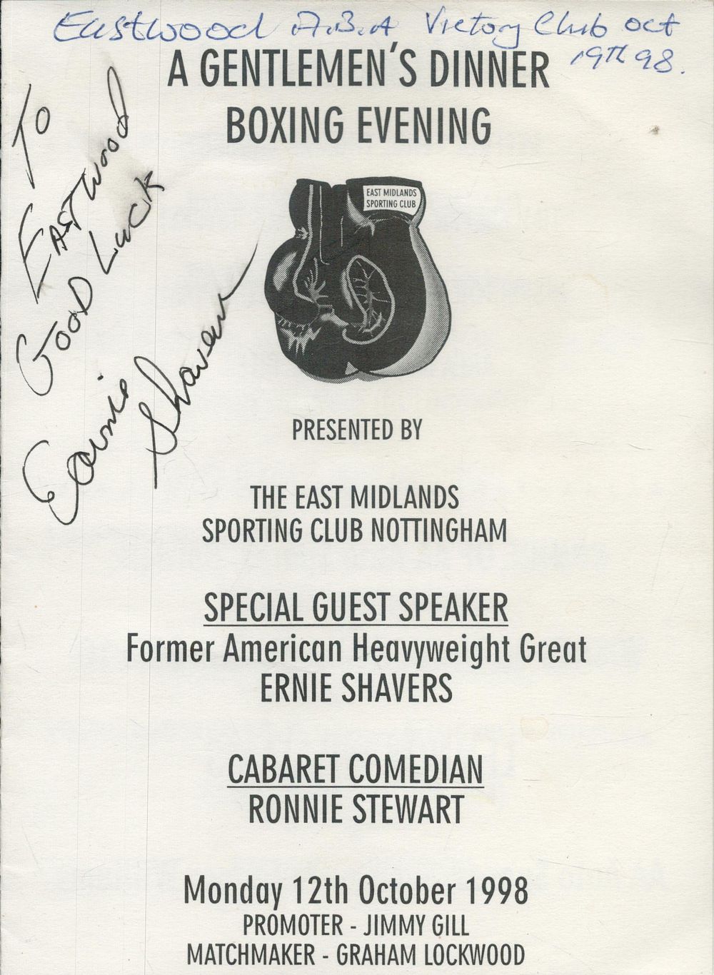 Lot 178: Earnie Shavers signed A Gentleman s Dinner Boxing...