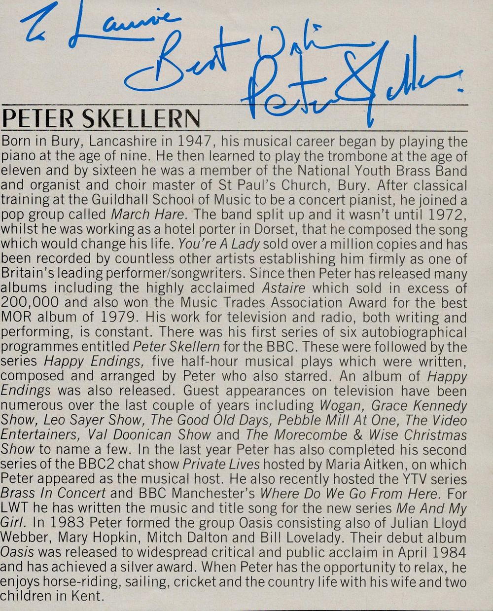 Lot 545: Peter Skellern signed biopage from magazine, Dedicated. Good...