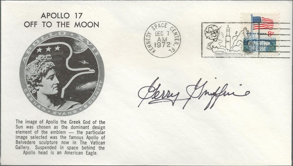 Lot 607: Gerry Griffin signed Apollo 17 FDC. Good condition....