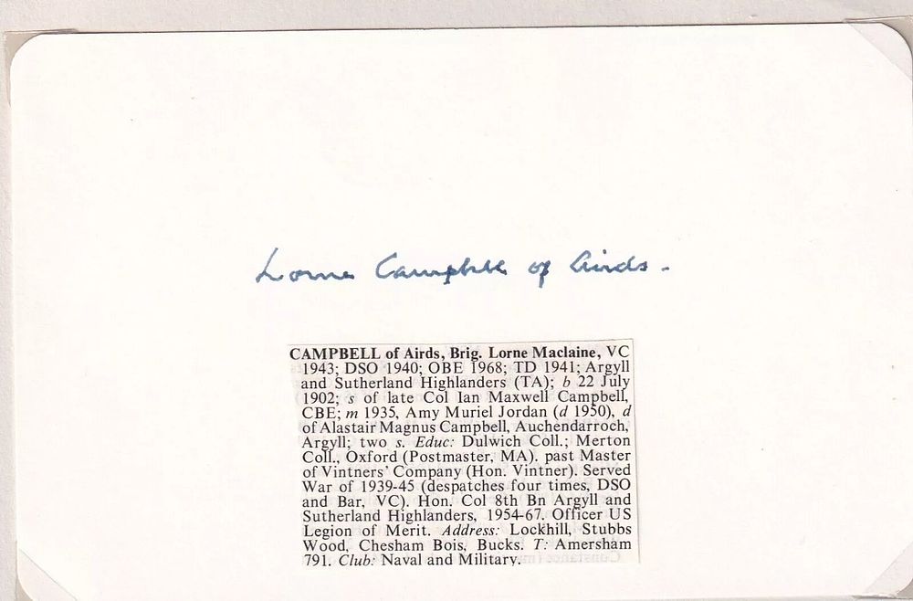 Lot 490: Card Signed by Brig Lorne Maclaine Campbell VC...