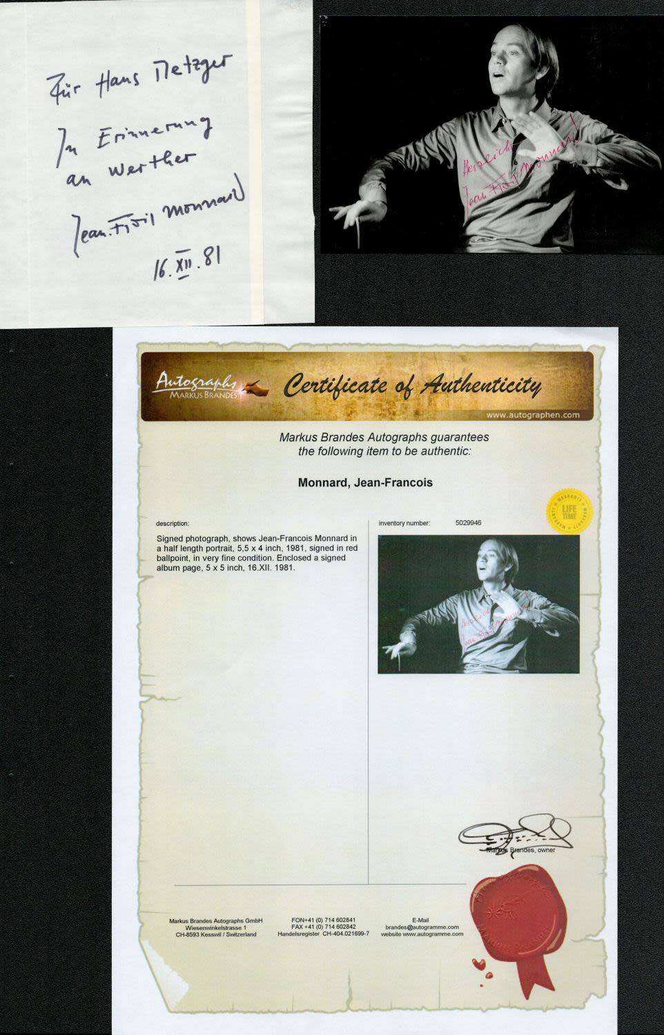 Lot 856: Music Jean Francois Monnard signed 6x4 black and...