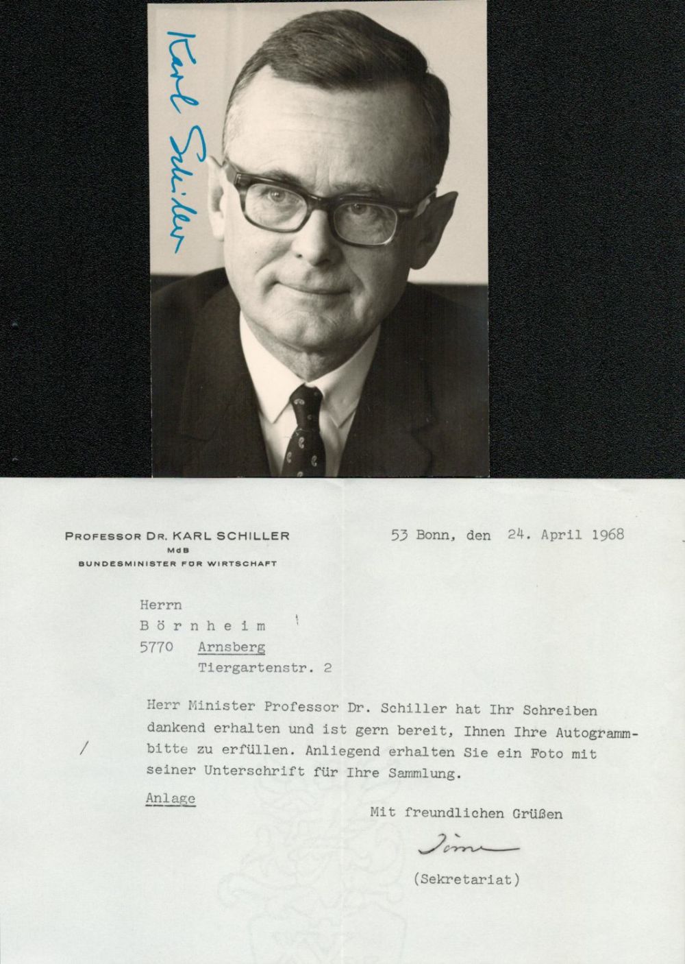 Lot 885: Politics Dr Karl Schiller signed 6x4 black and...