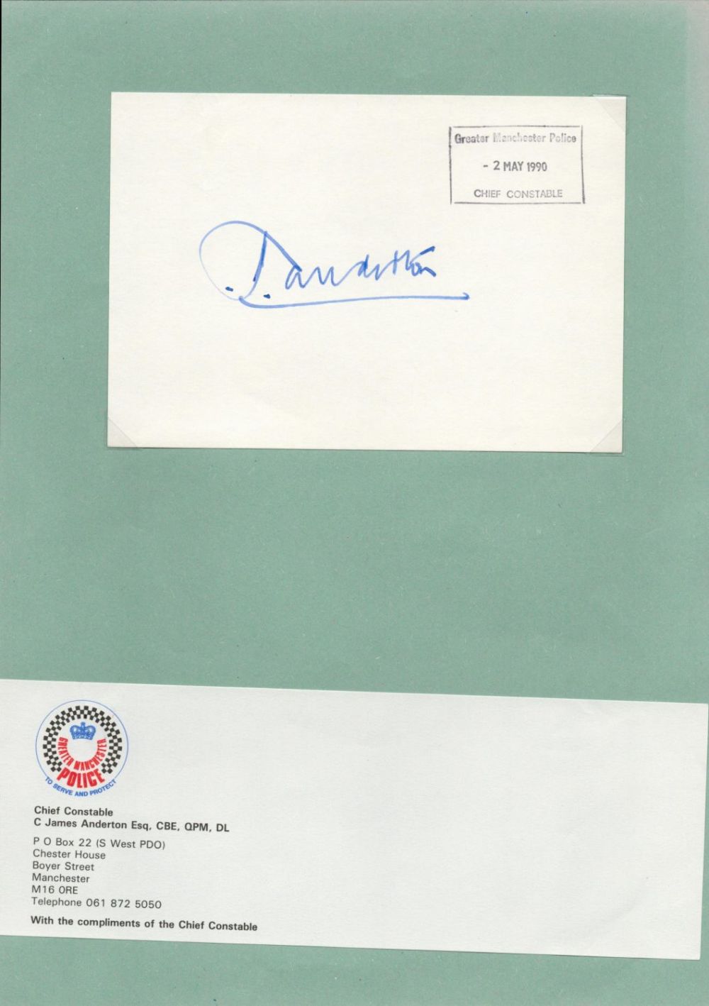 Lot 940: Historic James Anderton signed white card. Chief Constable...