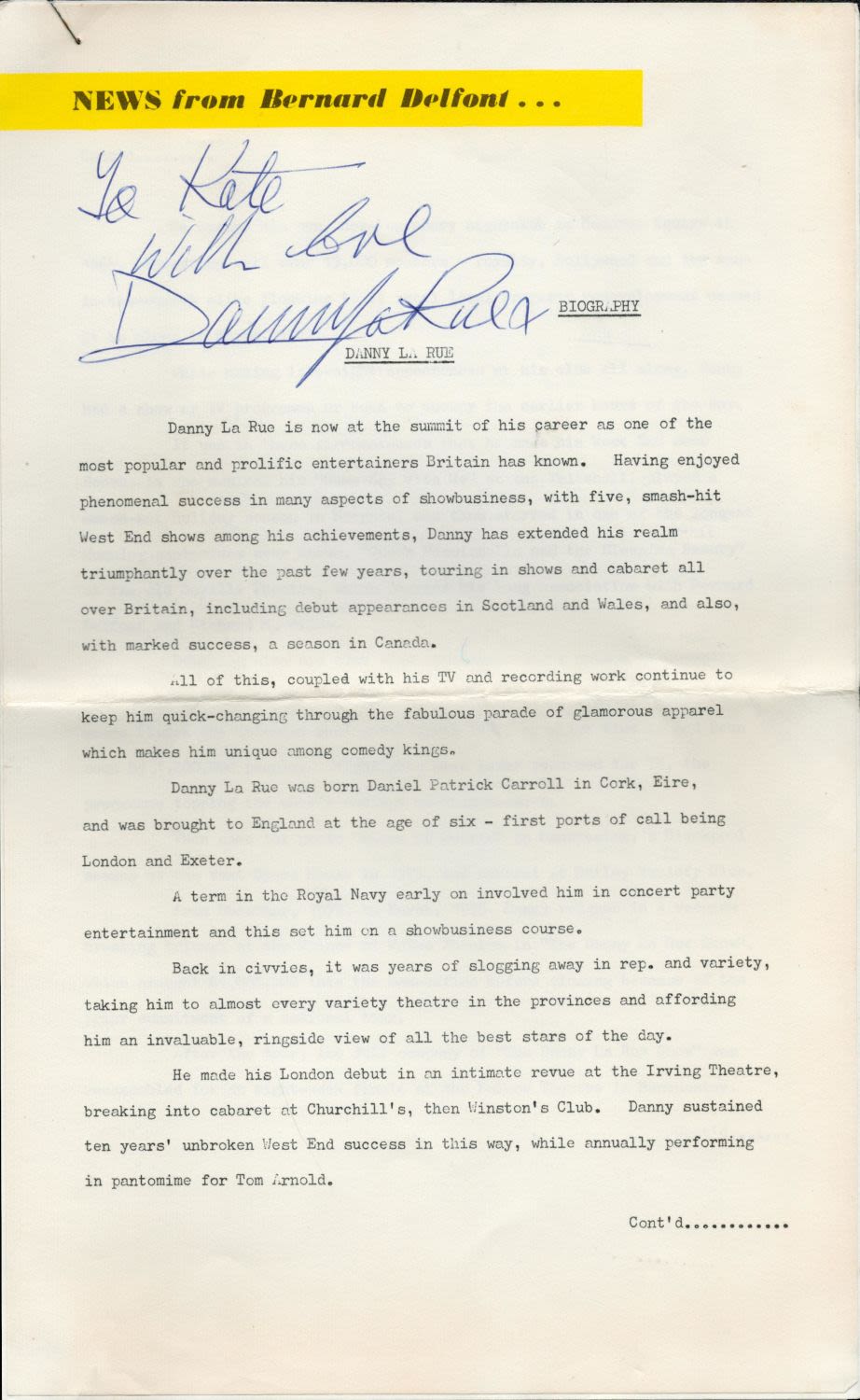 Lot 958: TV Film Danny La Rue signed TLS Biography....