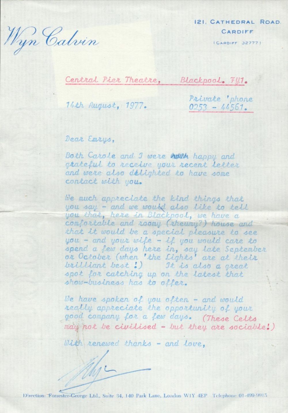 Lot 963: Theatre Wyn Calvin TLS, Dated 14th August 1977....
