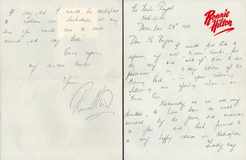 Lot 964: Music Ronnie Hilton ALS, Dated 28th December 1966....