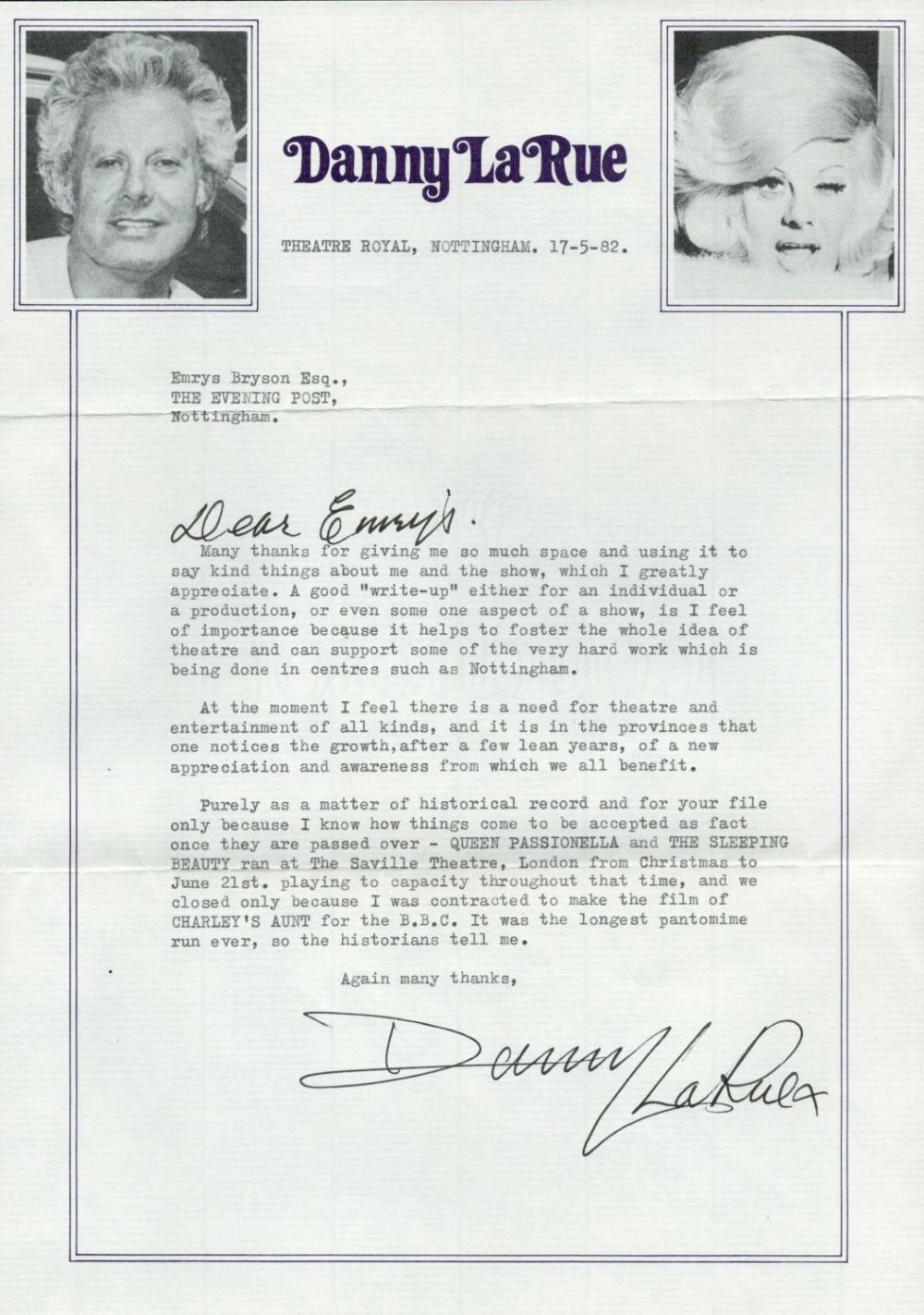 Lot 974: TV Film Danny La Rue signed on a...