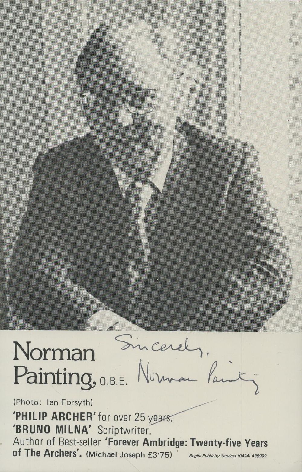 Lot 174: Norman Painting, OBE signed promo black and white...
