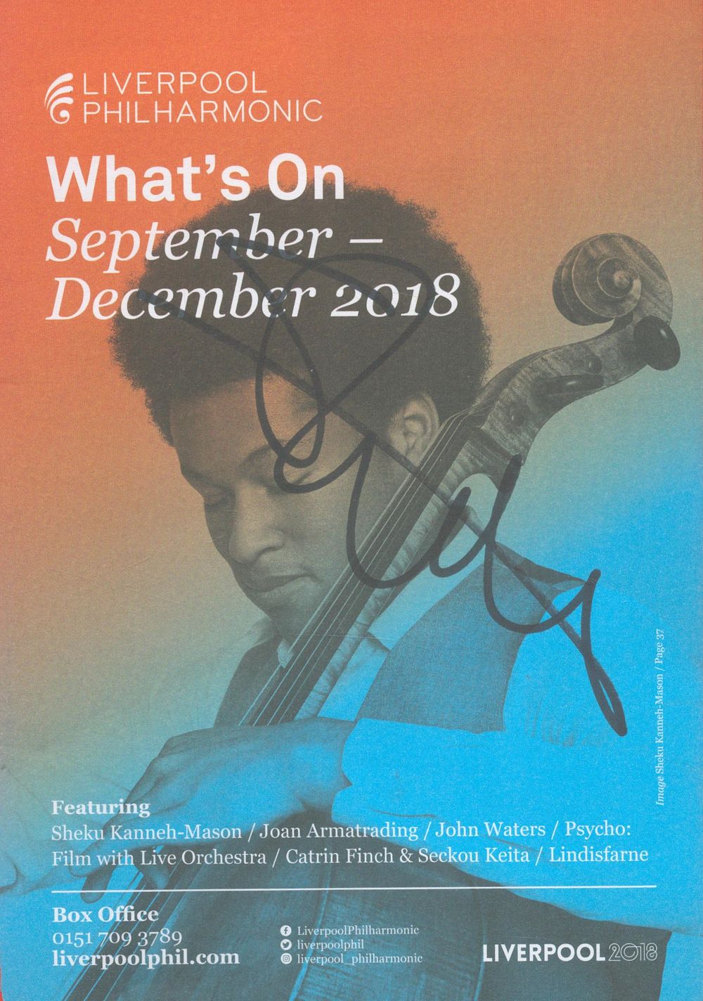 Lot 273: Musician Sheku Kanneh-Mason signed brochure cover. Good condition....