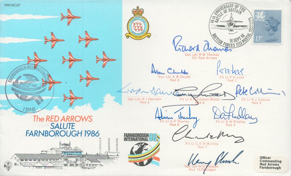 Lot 421: Red Arrows full team signed 1986, Farnborough Internation...