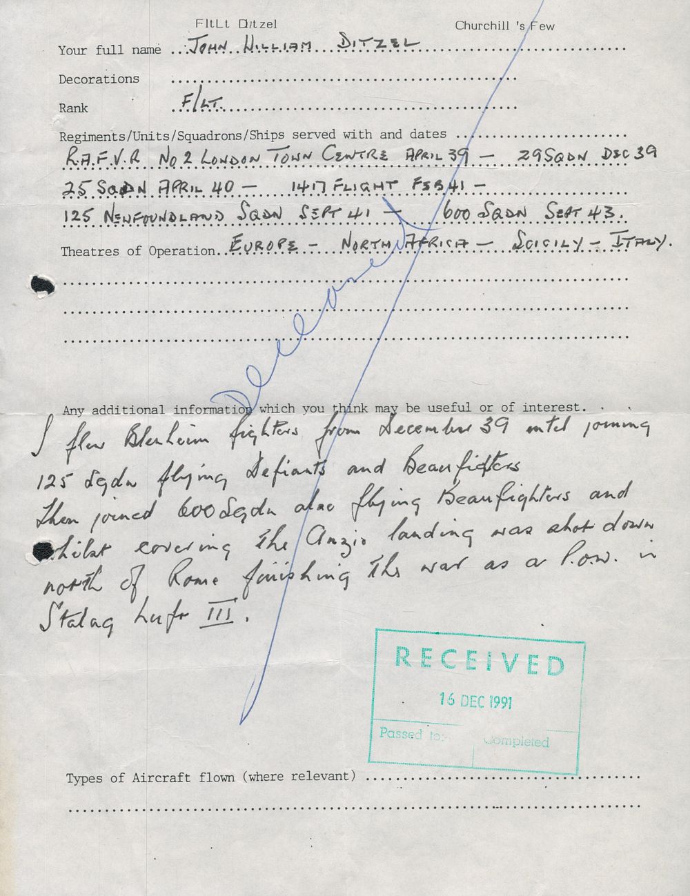 Lot 441: Flt Lt John Ditzel 125 sqn WW2 RAF...