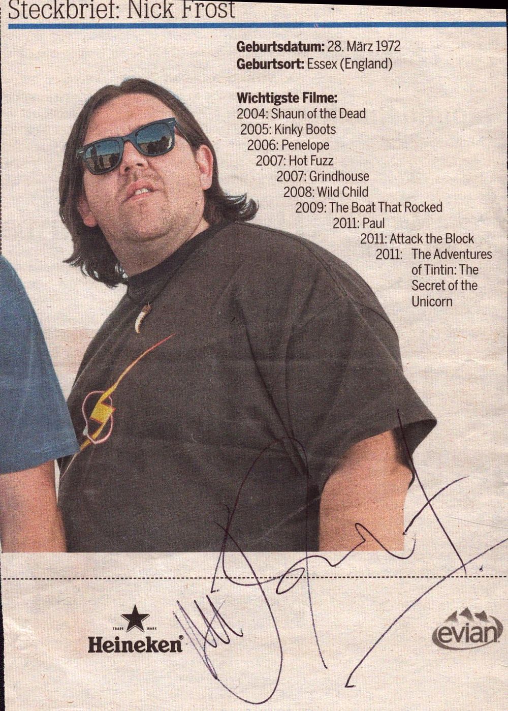 Lot 596: Nick Frost signed newspaper photo cutting 6x4 inch...