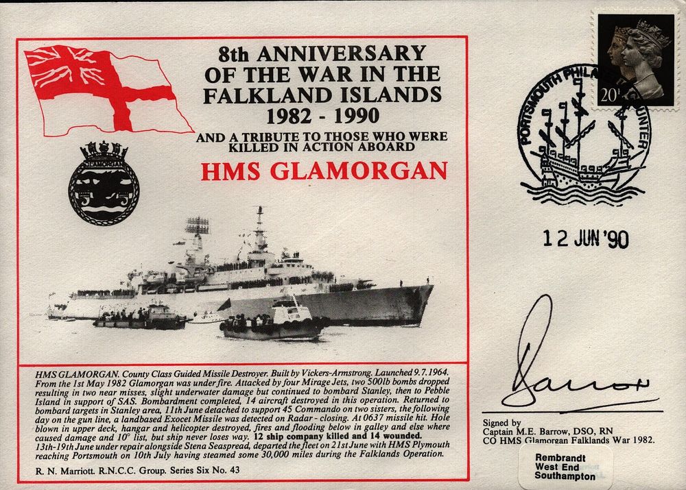 Lot 635: Cptn M Barrow signed HMS Glamorgan cover. Good...