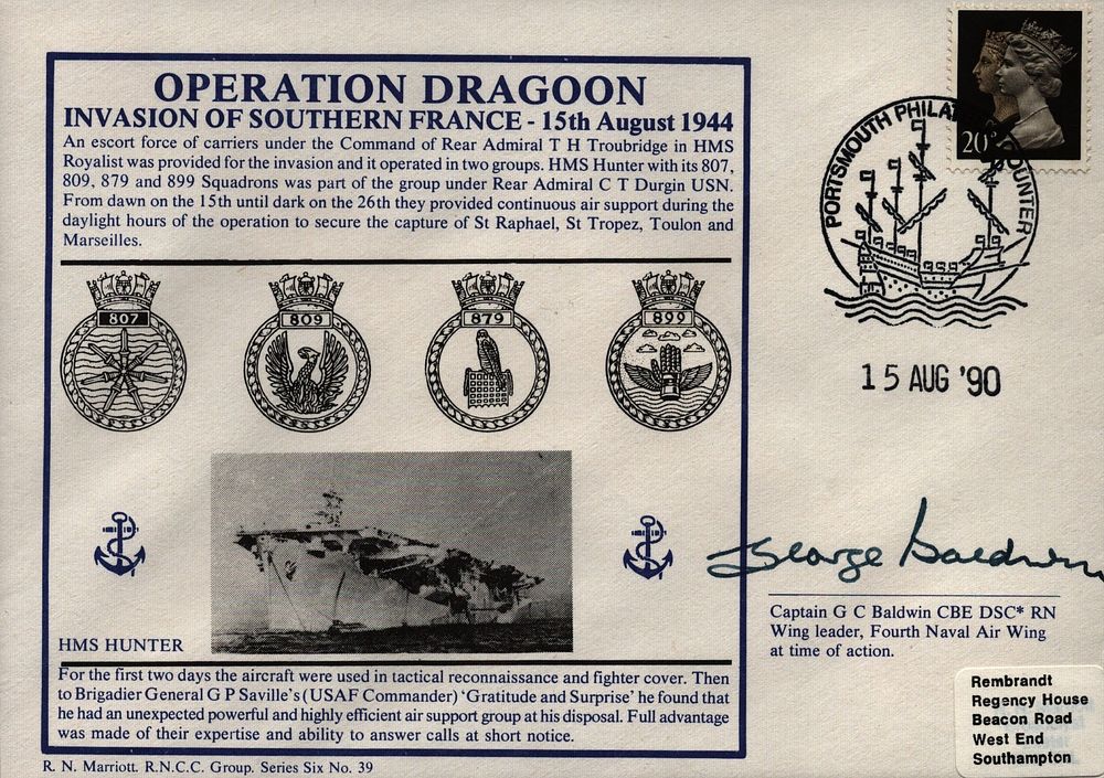 Lot 639: Cptn G C Baldwin signed Operation Dragoon cover....