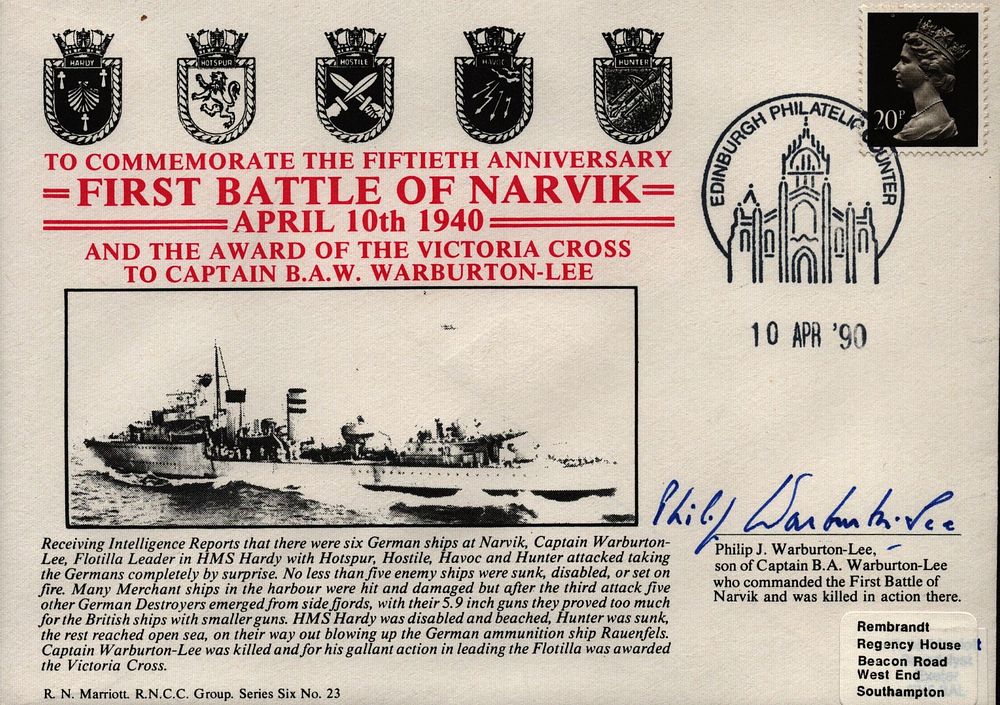 Lot 655: Philip Warburton-Lee signed First battle of Narvik cover....