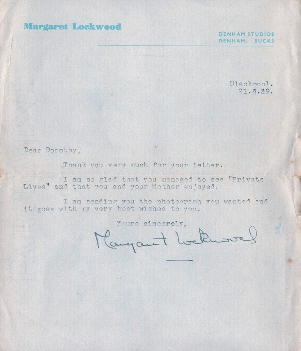 Lot 180: Actor, Margaret Lockwood TLS dated 21st May 1949....