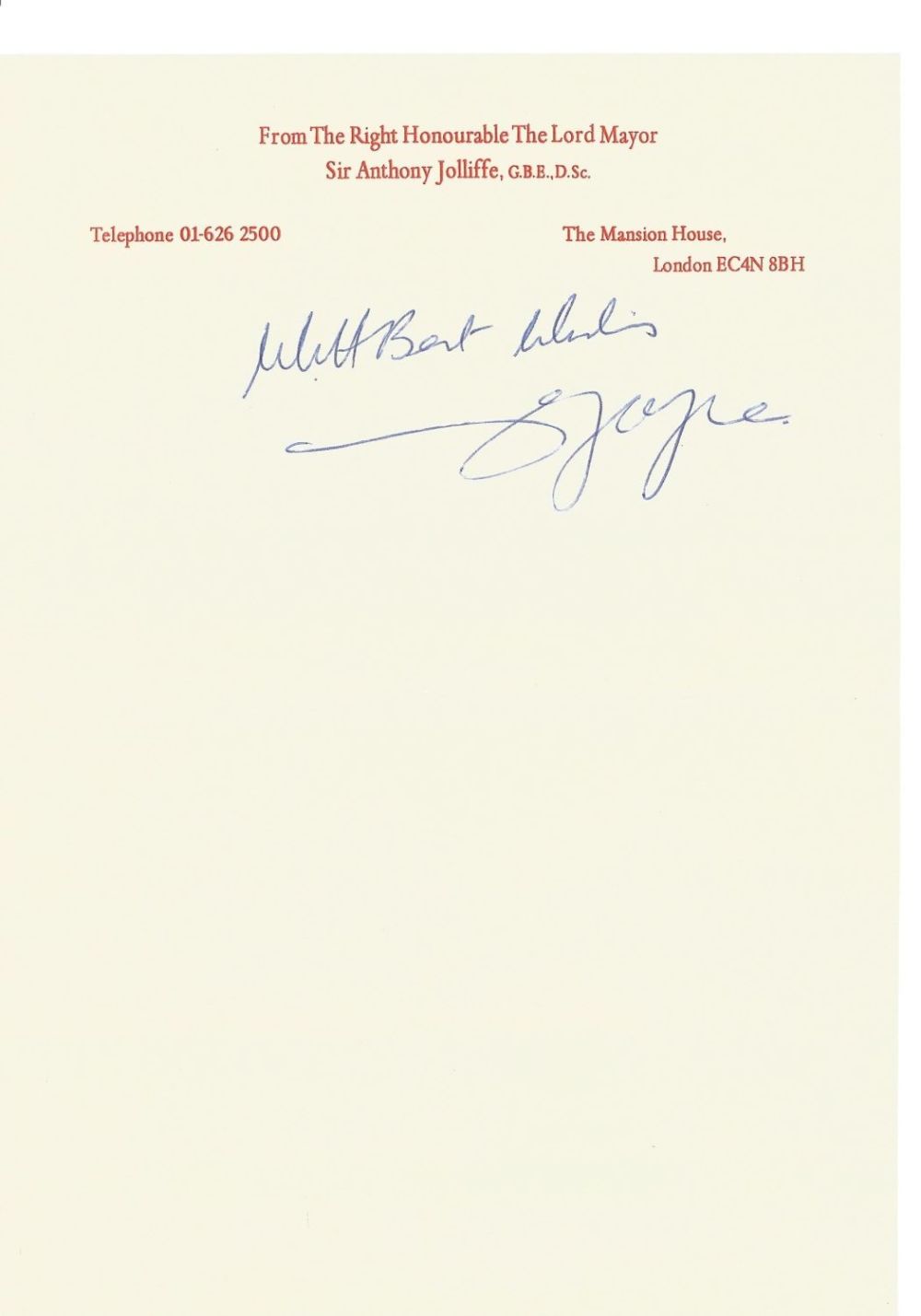 Lot 186: Lord Mayor Sir Anthony Joliffe GBE DL DSc...
