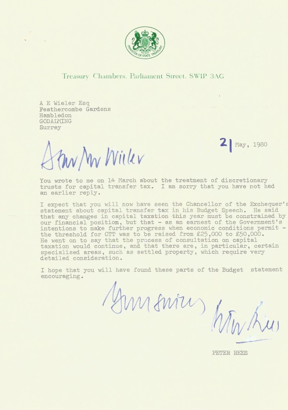 Lot 193: Peter Rees MP TLS on Treasury Chambers headed...