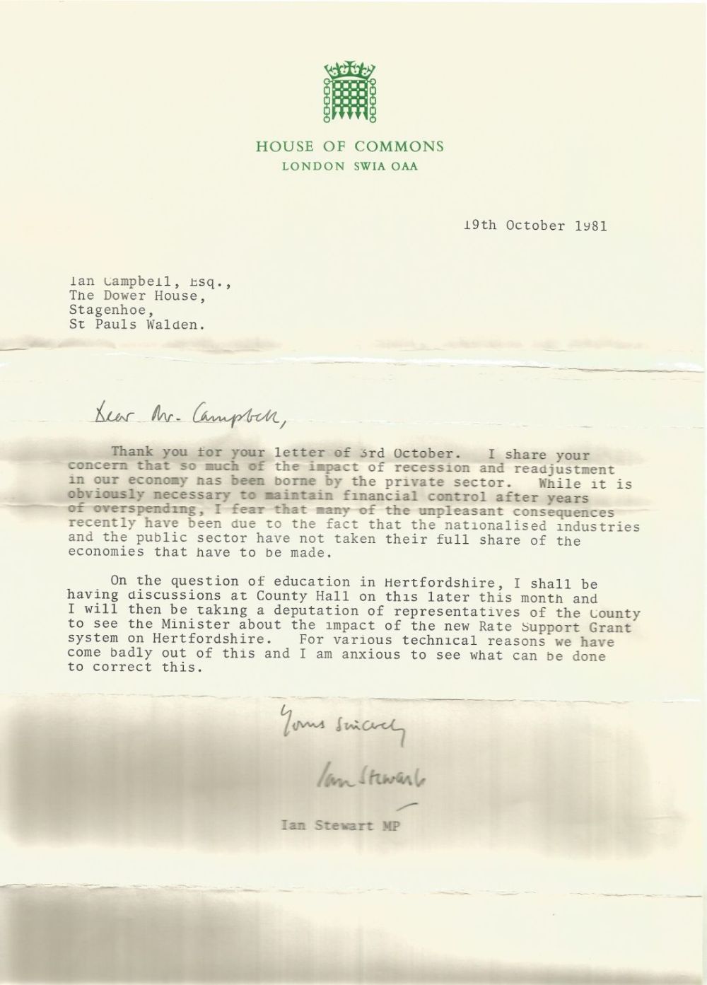 Lot 197: Ian Stewart MP TLS on House of Commons...
