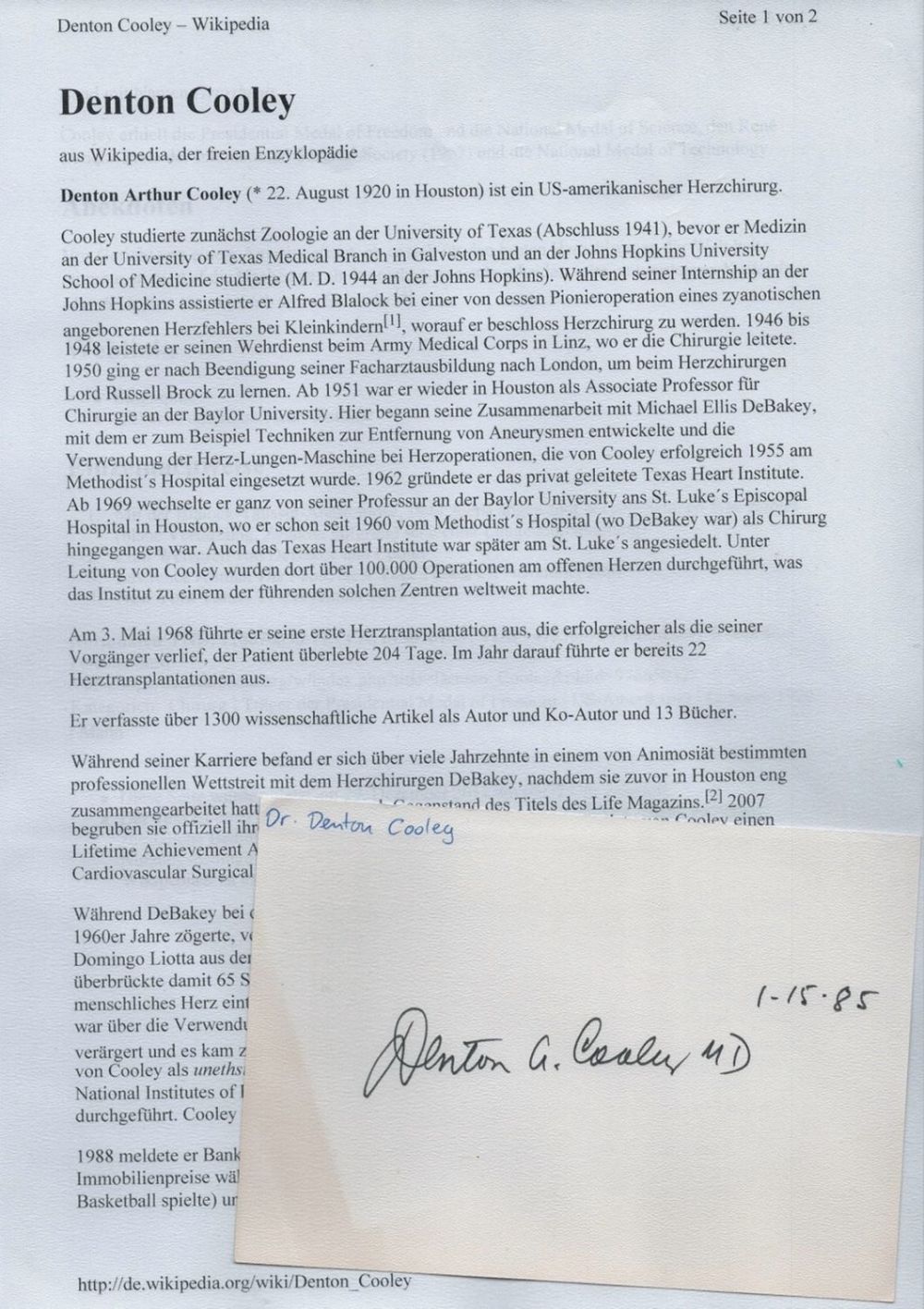 Lot 200: Dr Denton Cooley signed album page, Comes with...