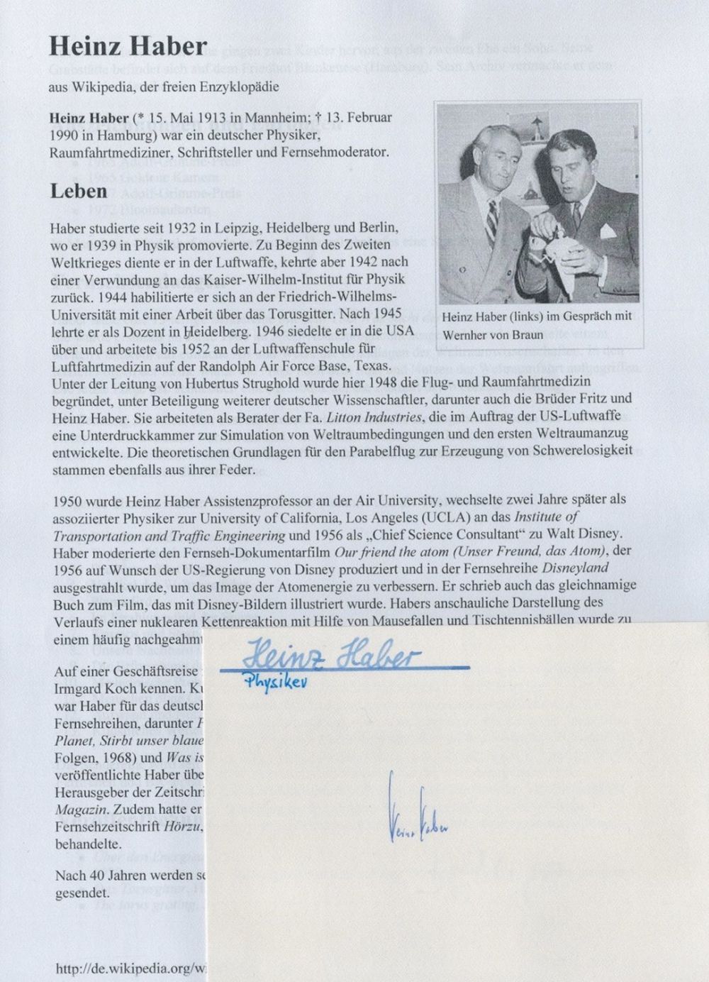 Lot 202: Heinz Haber signed album page, Comes with Wikipedia...
