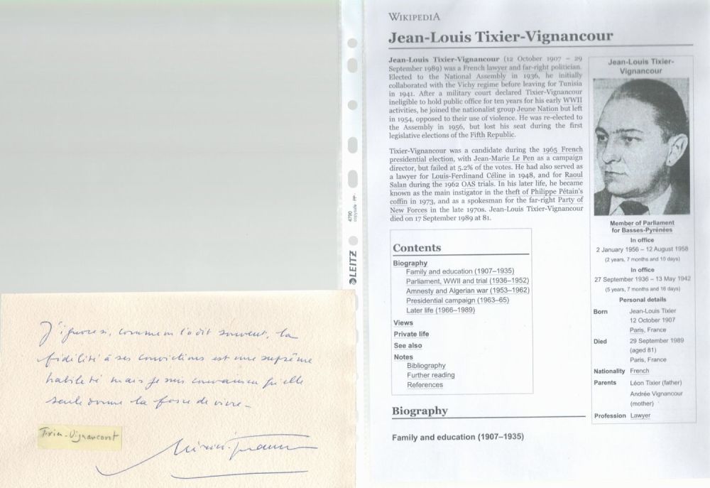 Lot 215: Jean-Louis Tixier-Vignancour signed autographed letter cutout. Comes with...