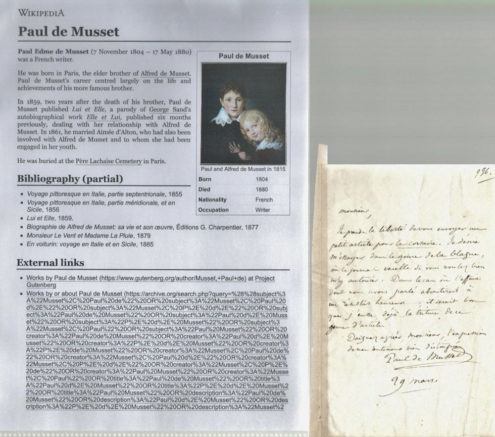 Lot 218: Paul De Musset ALS. Comes with Wikipedia page....