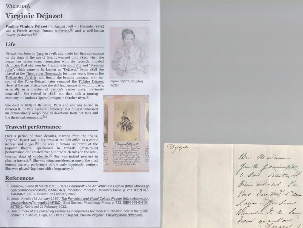 Lot 228: Virginie Dejazet signed letter page. Comes with Wikipedia...