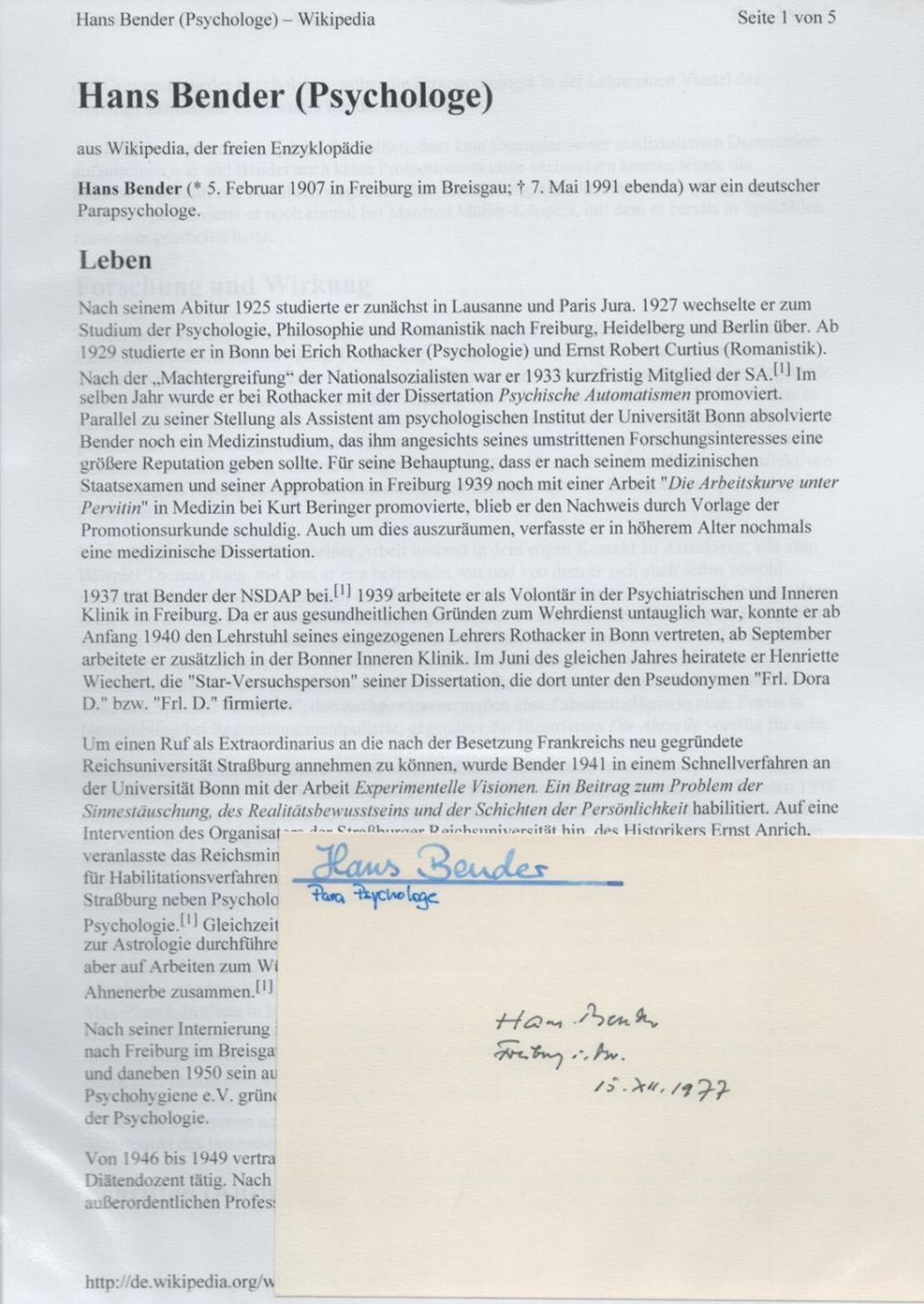 Lot 249: Hans Bender signed album page. Comes with Wikipedia...