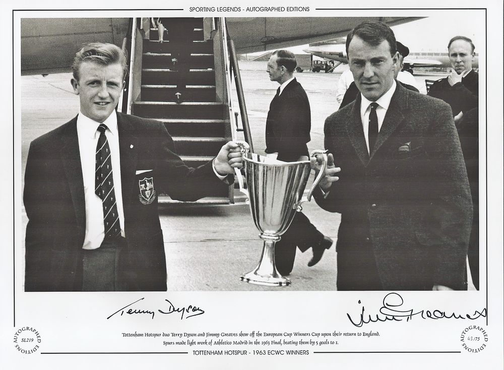 Lot 779: Jimmy Greaves and Terry Dyson 16x12 signed Black...