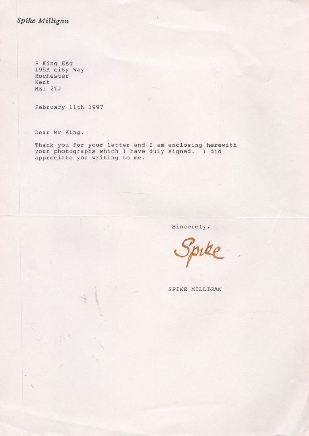 Lot 567: British Actor Spike Milligan KBE Typed Letter Signed...