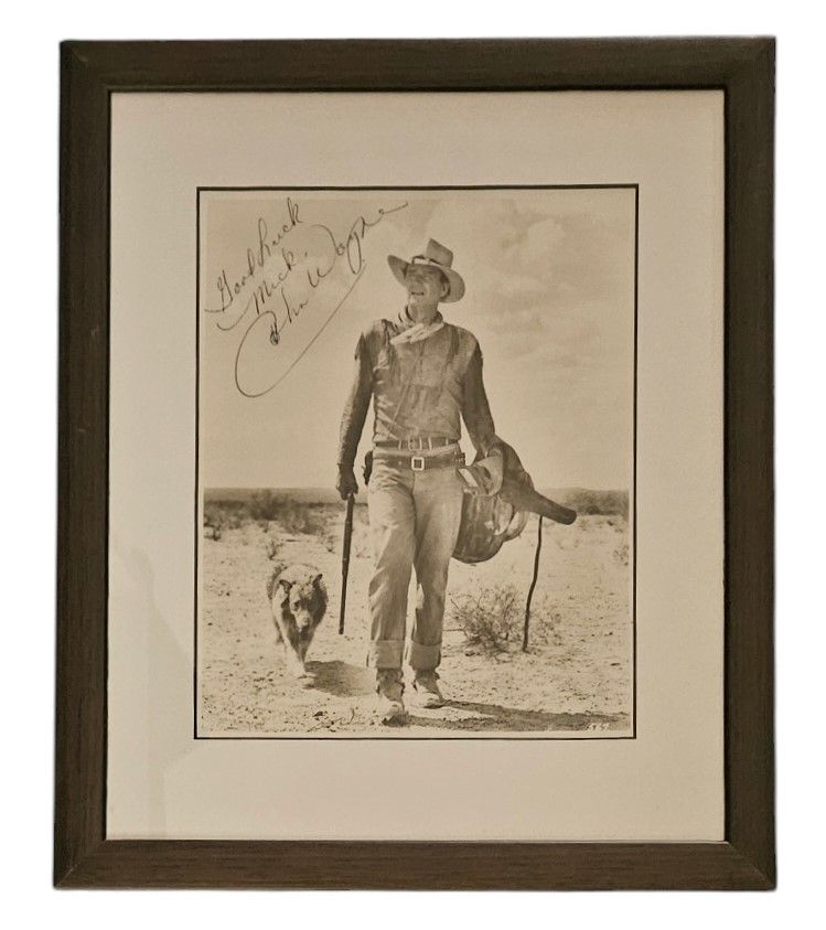 Lot 172: John Wayne signed 15x12 inch overall framed and...