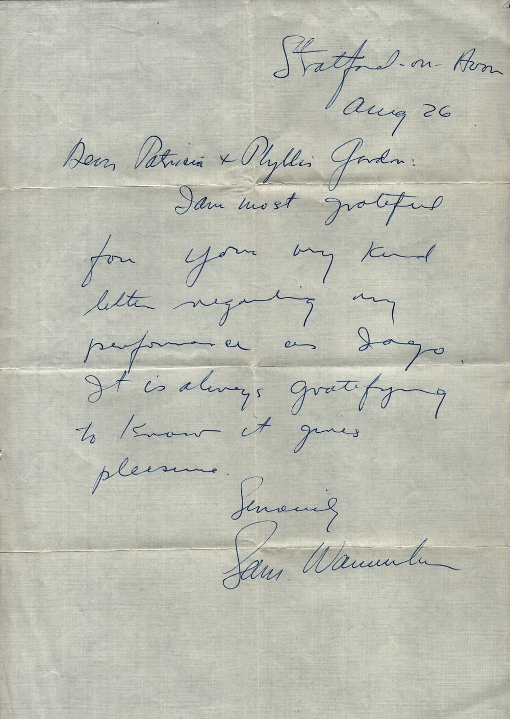 Lot 234: Sam Wanamaker ALS. Good condition. All autographs come...
