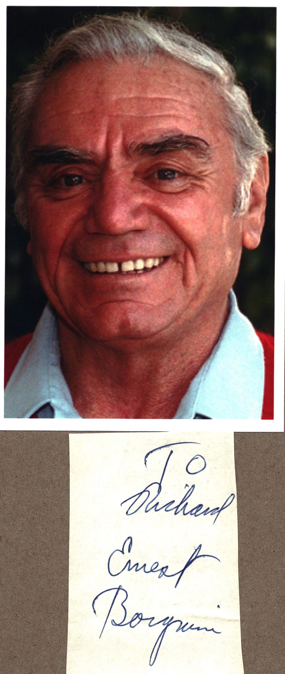 Lot 379: Ernest Borgnine clipped signature with unsigned 6x4inch colour...