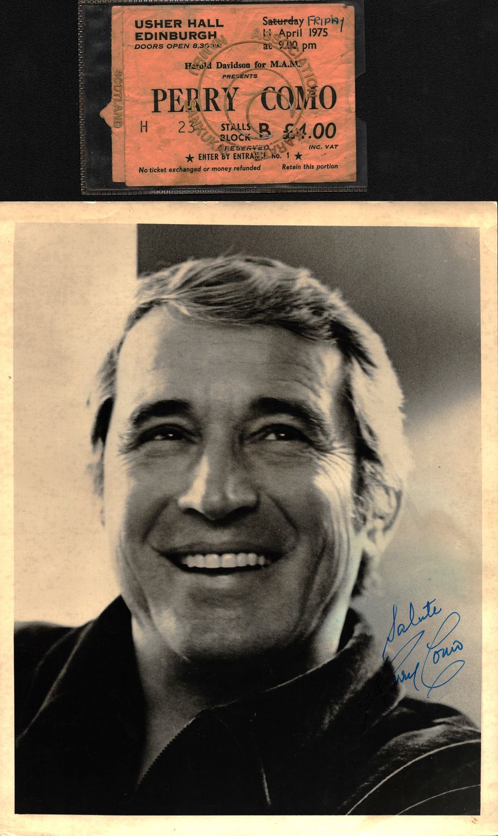 Lot 392: Perry Como signed 10x8inch black and white photo....