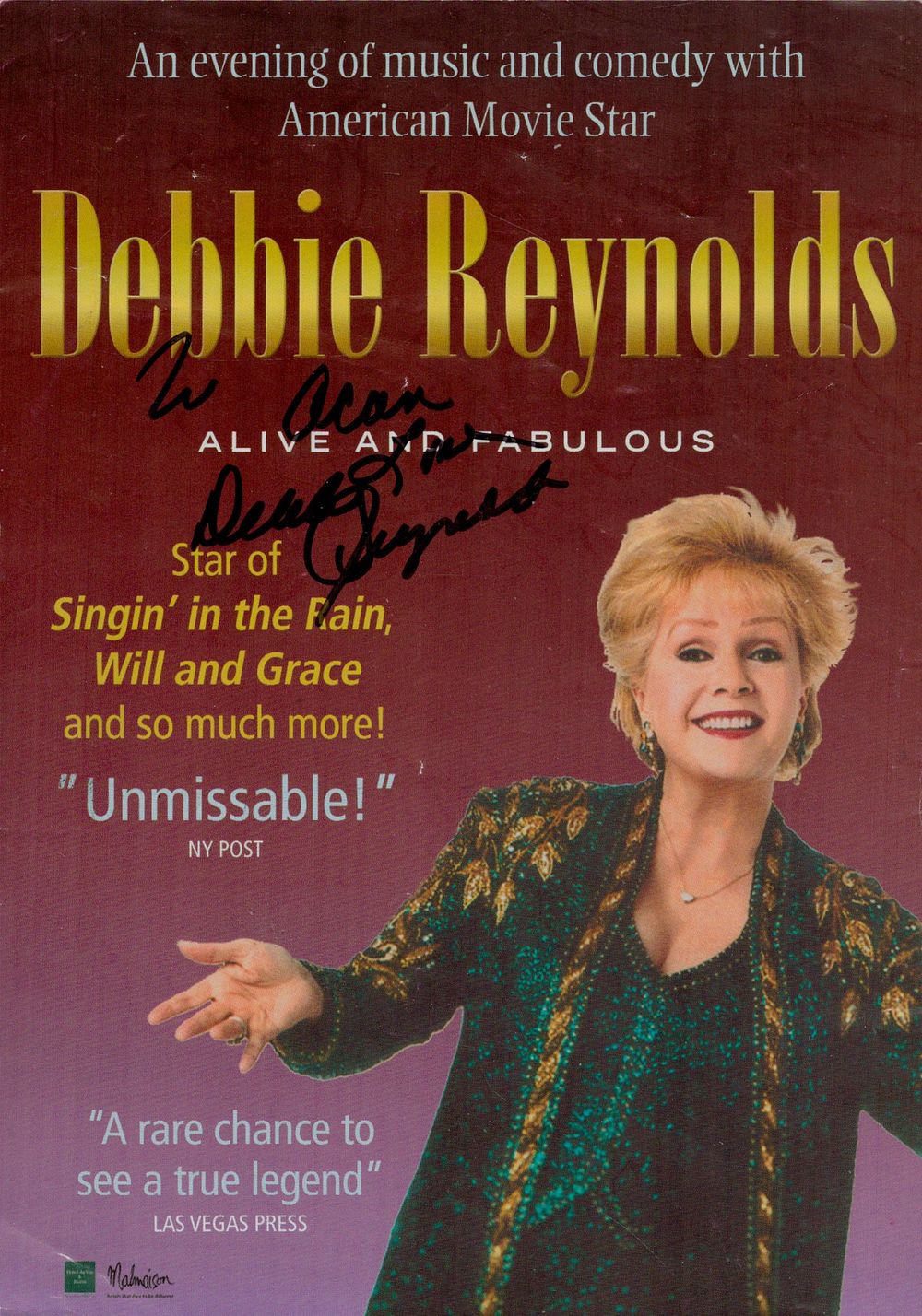 Lot 458: Debbie Reynolds signed flyer. DEDICATED. Good condition. All...