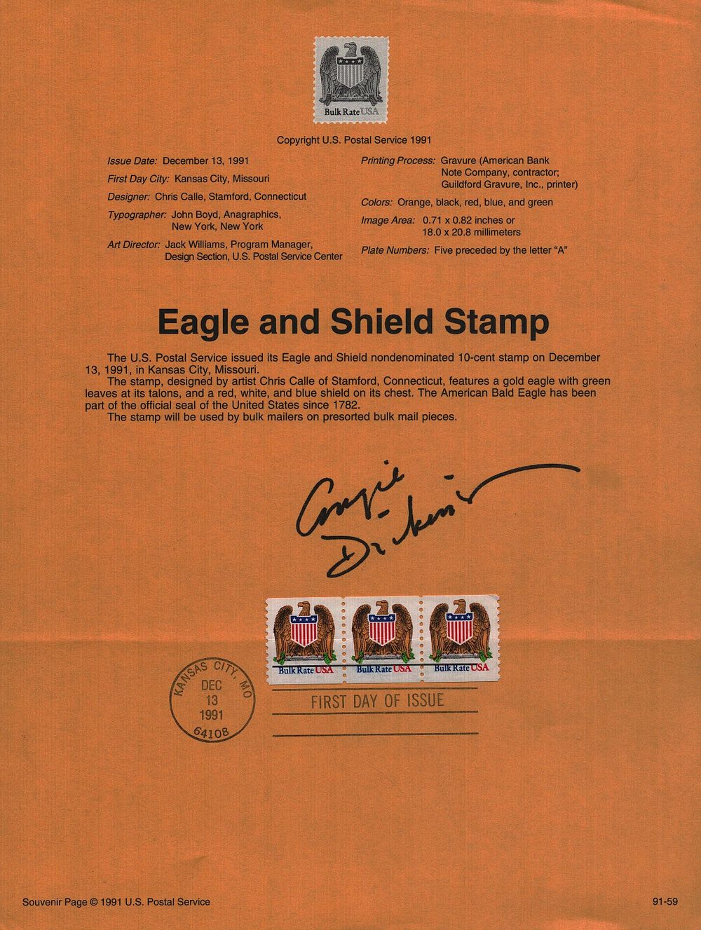 Lot 231: Angie Dickinson signed Eagle and Shield stamp sheet....