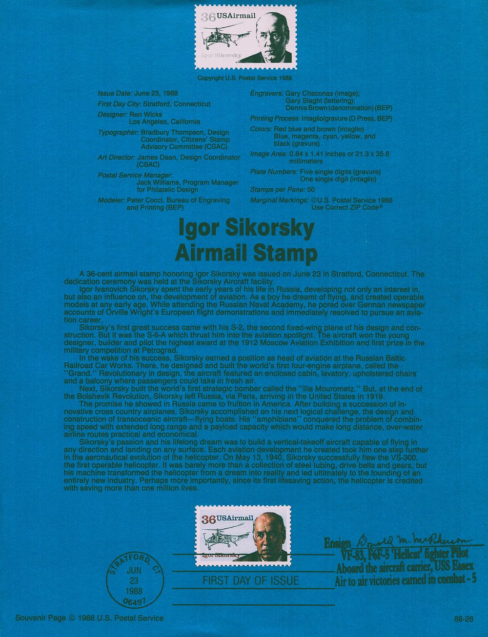 Lot 232: Donald M Mcpherson signed Igor Sikorsky airmail stamp...
