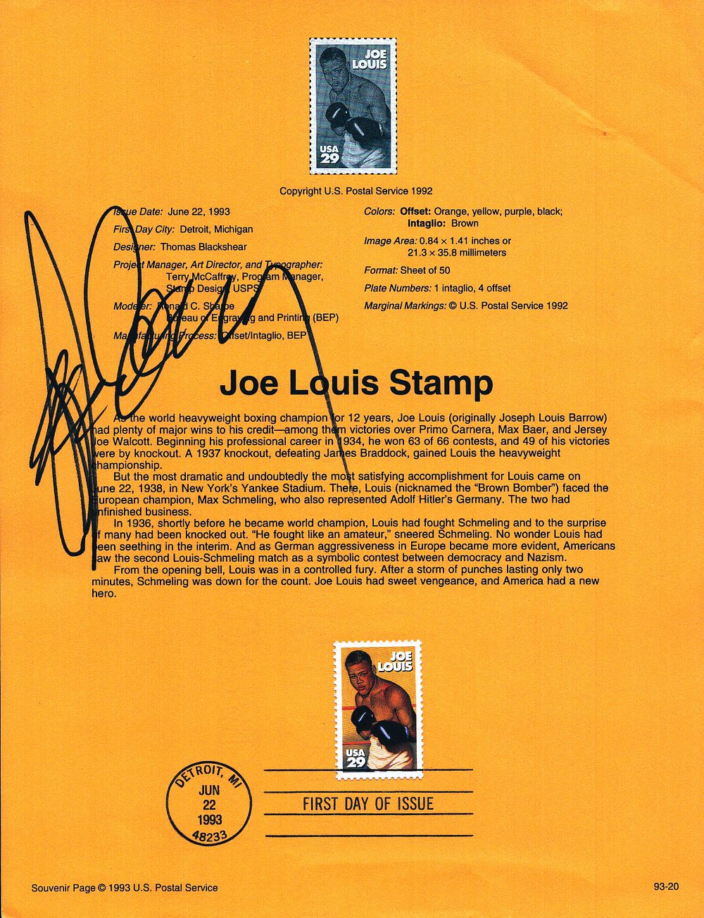 Lot 238: Gerry Cooney signed Joe Louis stamp sheet. Good...
